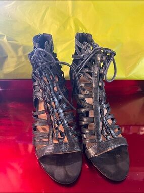 Nine West Black Lace-Up Cage Heels